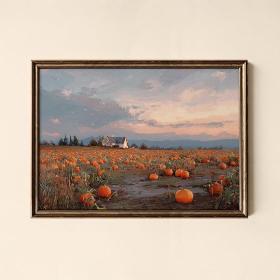 Vintage Autumn Pumpkin Patch Sunset Farmhouse Landscape Art Poster