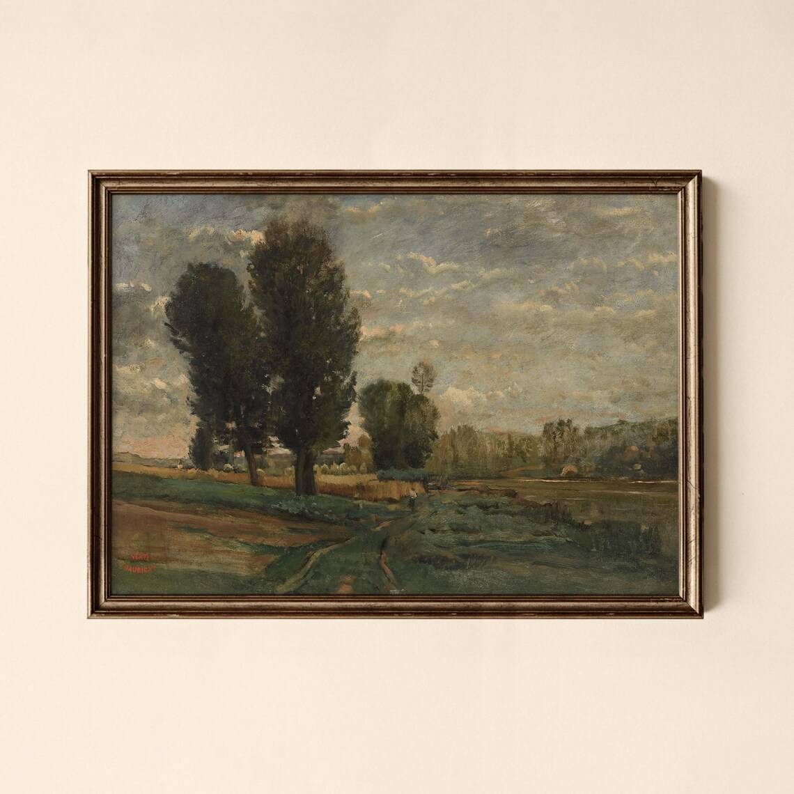 Vintage Poplar Trees by a Quiet River Countryside Landscape Art Print