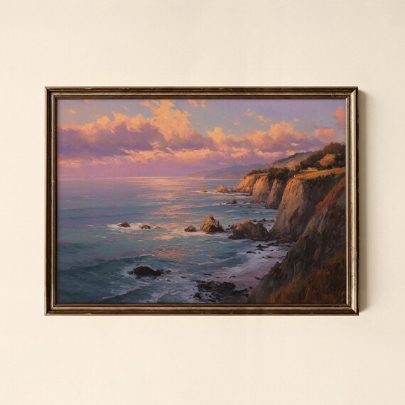Dramatic Coastal Cliffs Sunset Seascape Painting Art Poster At Golden Hour
