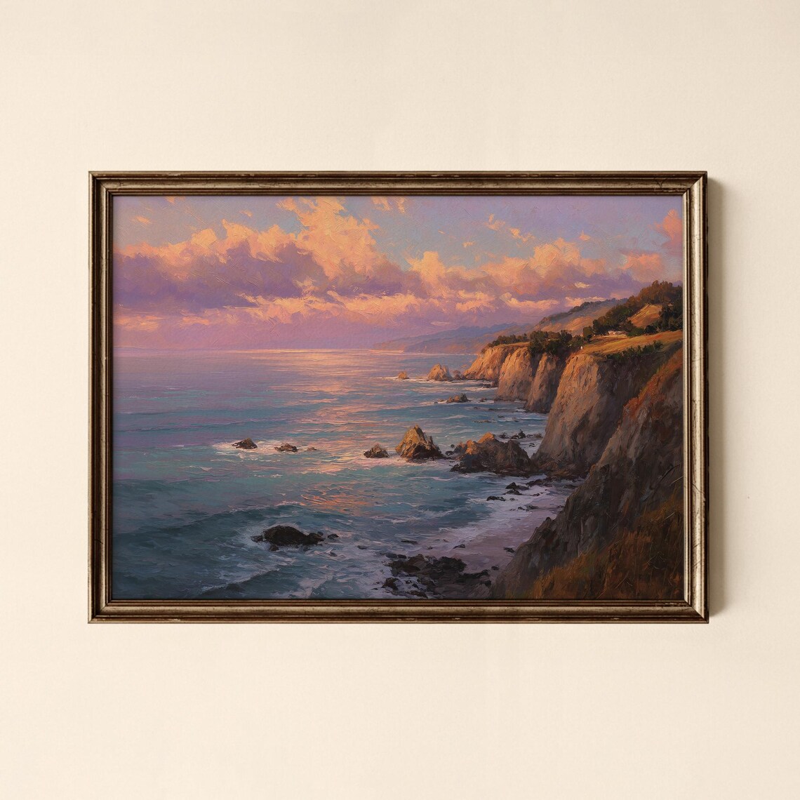 Dramatic Coastal Cliffs Sunset Seascape Painting Art Poster At Golden Hour