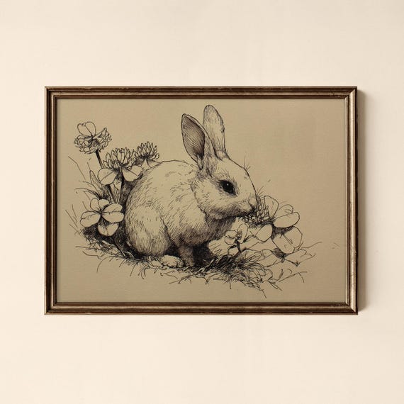 Vintage Rabbit Print Flower Wall Art Bedroom Collected Prints Cpl735