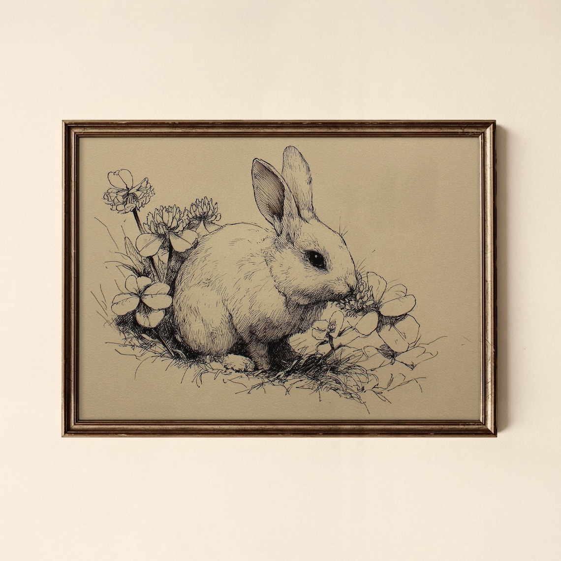 Rabbit Nibbling Wildflowers Vintage Ink Sketch Bunny Art Print