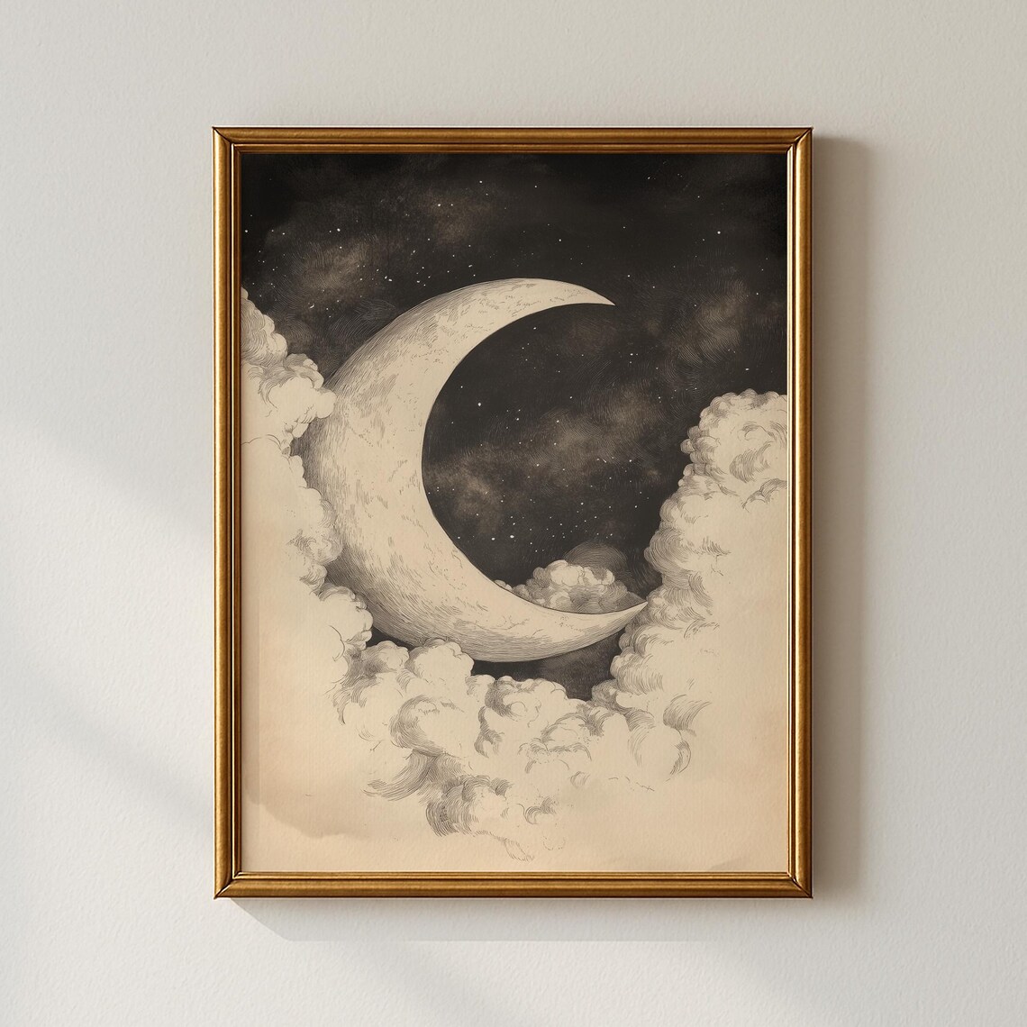 Vintage Crescent Moon in Starry Night Clouds Sepia Celestial Sky Poster