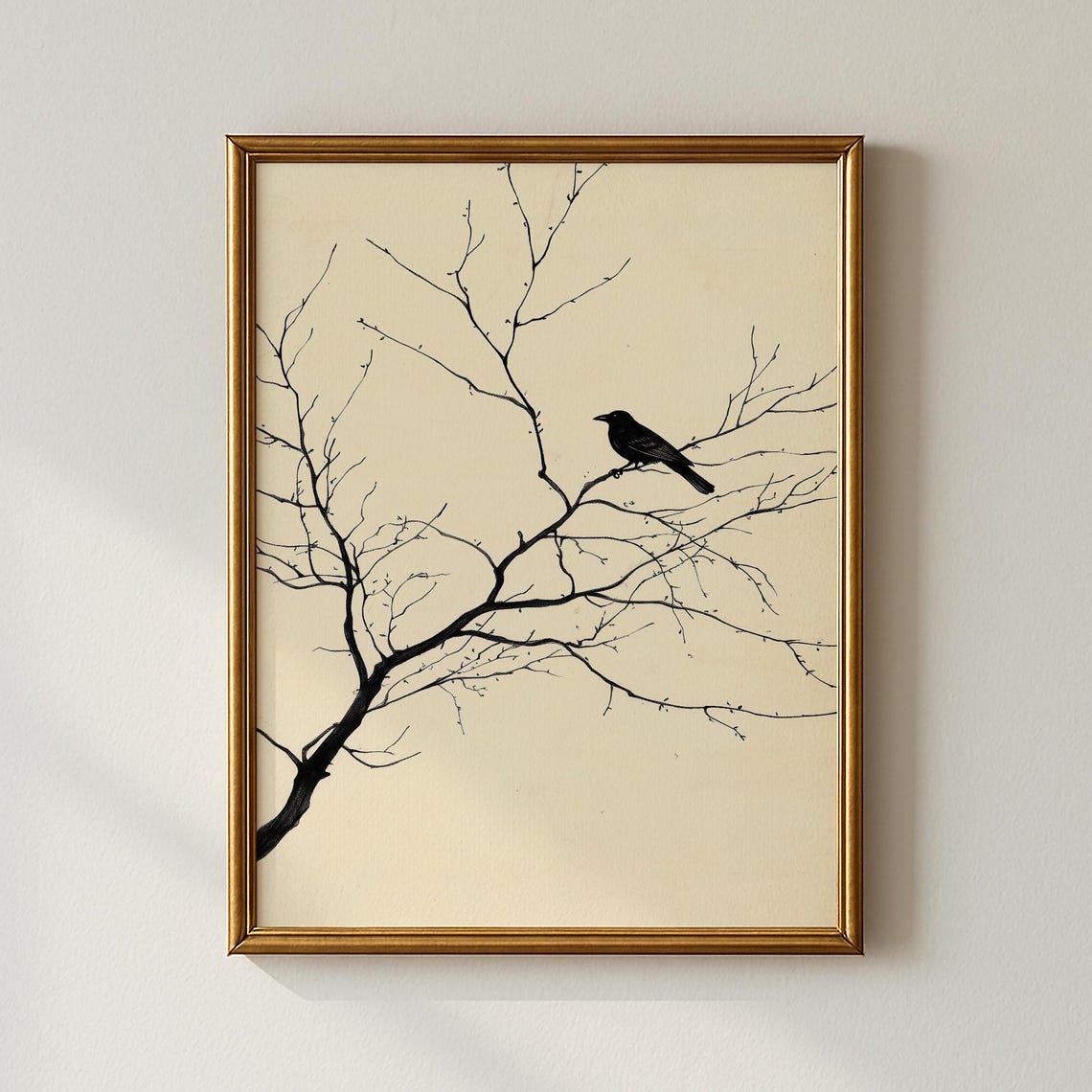 Black Bird on Bare Branch Japanese Ink Style Minimalist Print