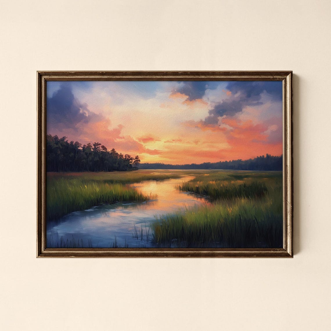 Golden Sunset Marsh River Rustic Landscape Art Poster At Golden Hour