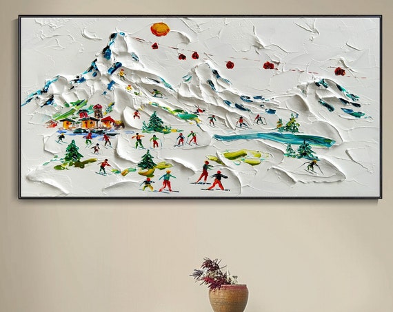 Skiing Art Original Framed Skier Painting White Ski Thick Texture 3d Knife Plaster Style Wall Art Personalized Gift Skier Present Ski Lover