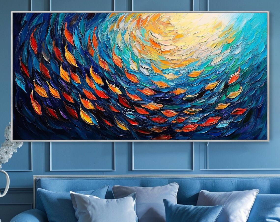 School of Fish Swirling Deep Blue Water Sunrise Ocean Art Poster
