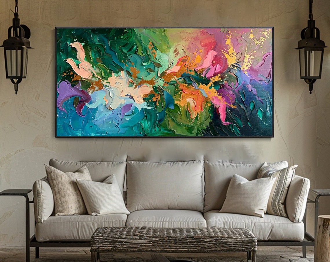 Vibrant Emerald Pink Purple Gold Fluid Abstract Modern Decor Poster