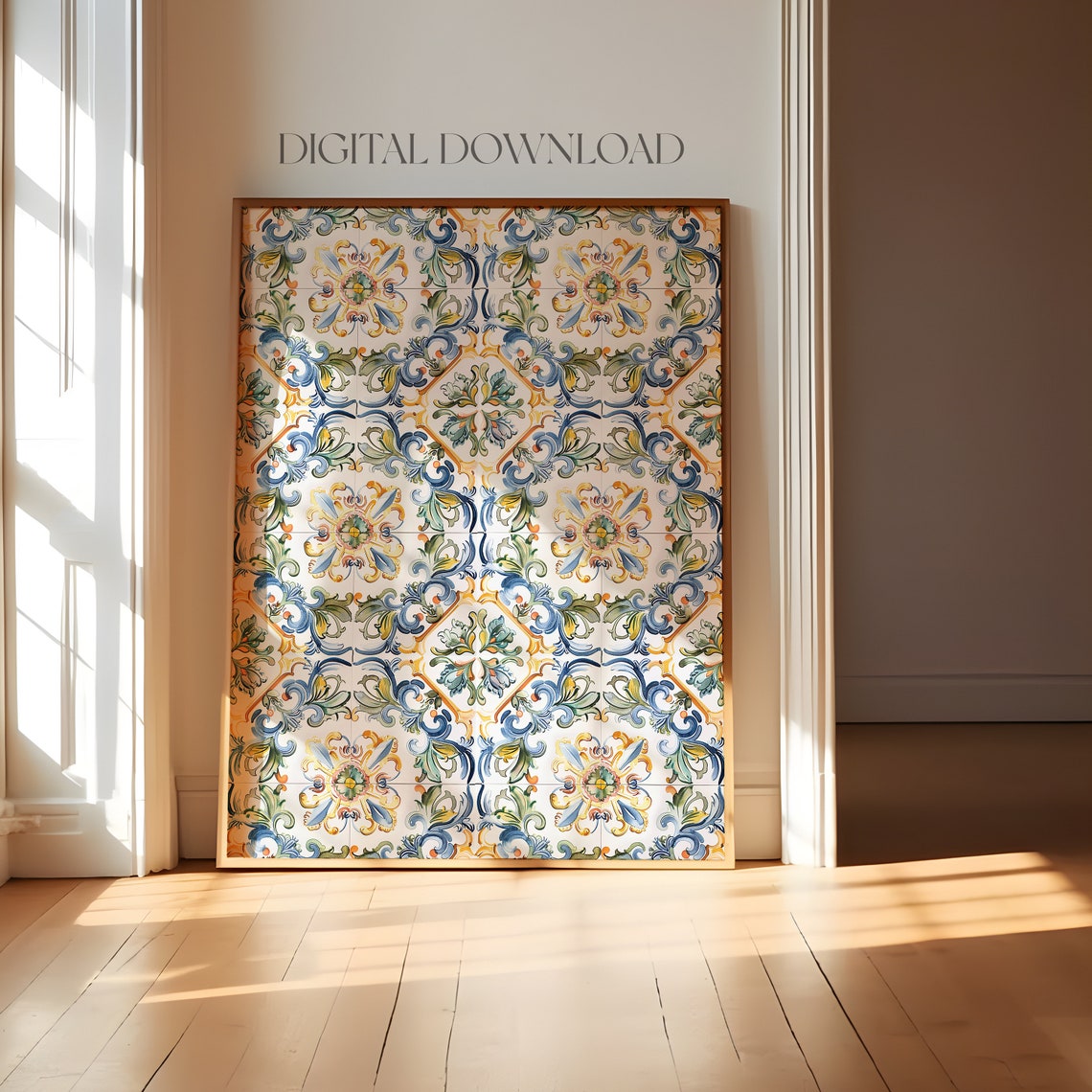 Blue Yellow Spanish Tile Pattern Mediterranean Ornate Wall Art