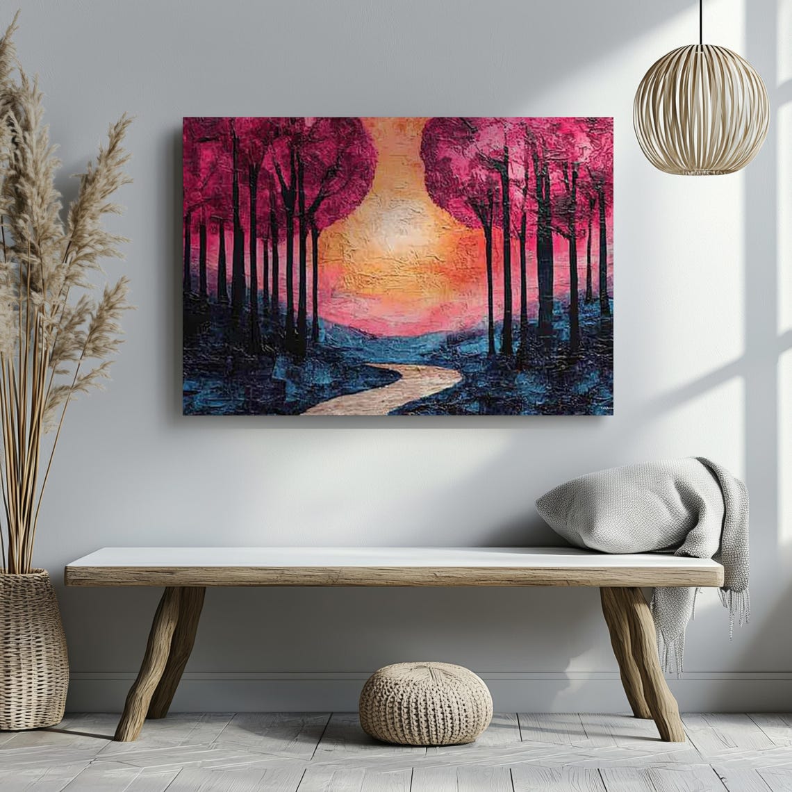 Winding Forest Path Glowing Sunset Pink Trees Oil Painting Art Poster - Image 3