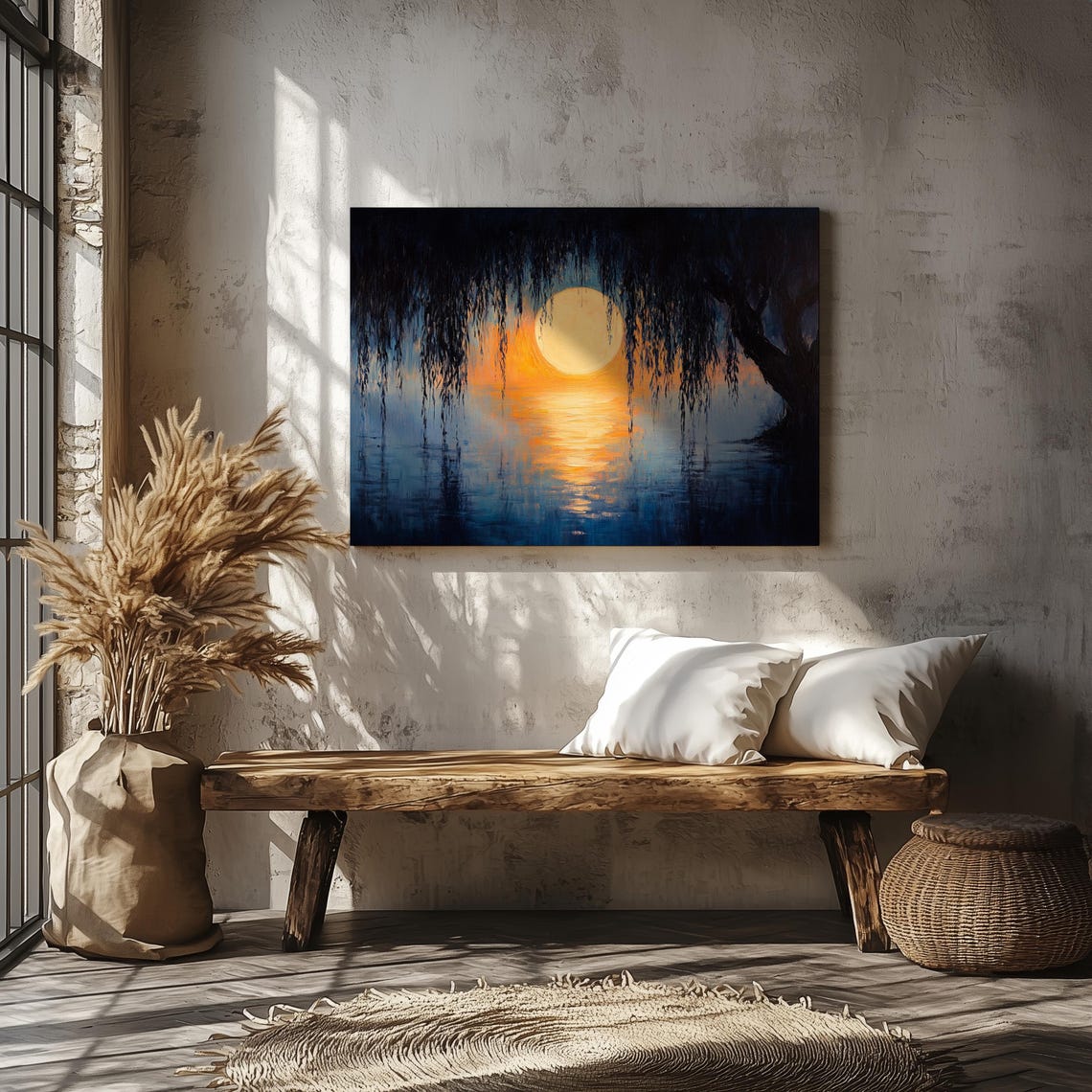 Golden Moon Willow Branches Night Lake Reflection Art Poster - Image 3