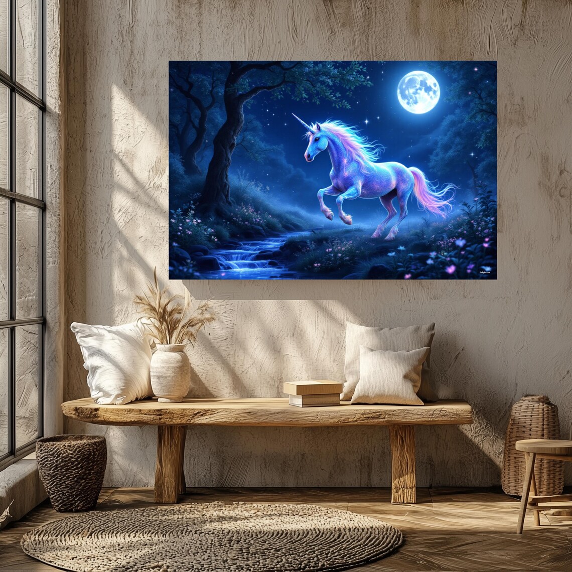 Glowing Unicorn Leaping Through A Moonlit Forest Under A Full Moon Poster