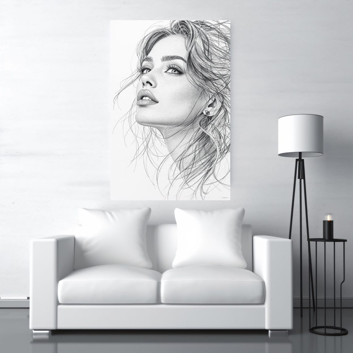 Monochrome Sketch Woman Portrait Windblown Hair Fine Art Drawing Print