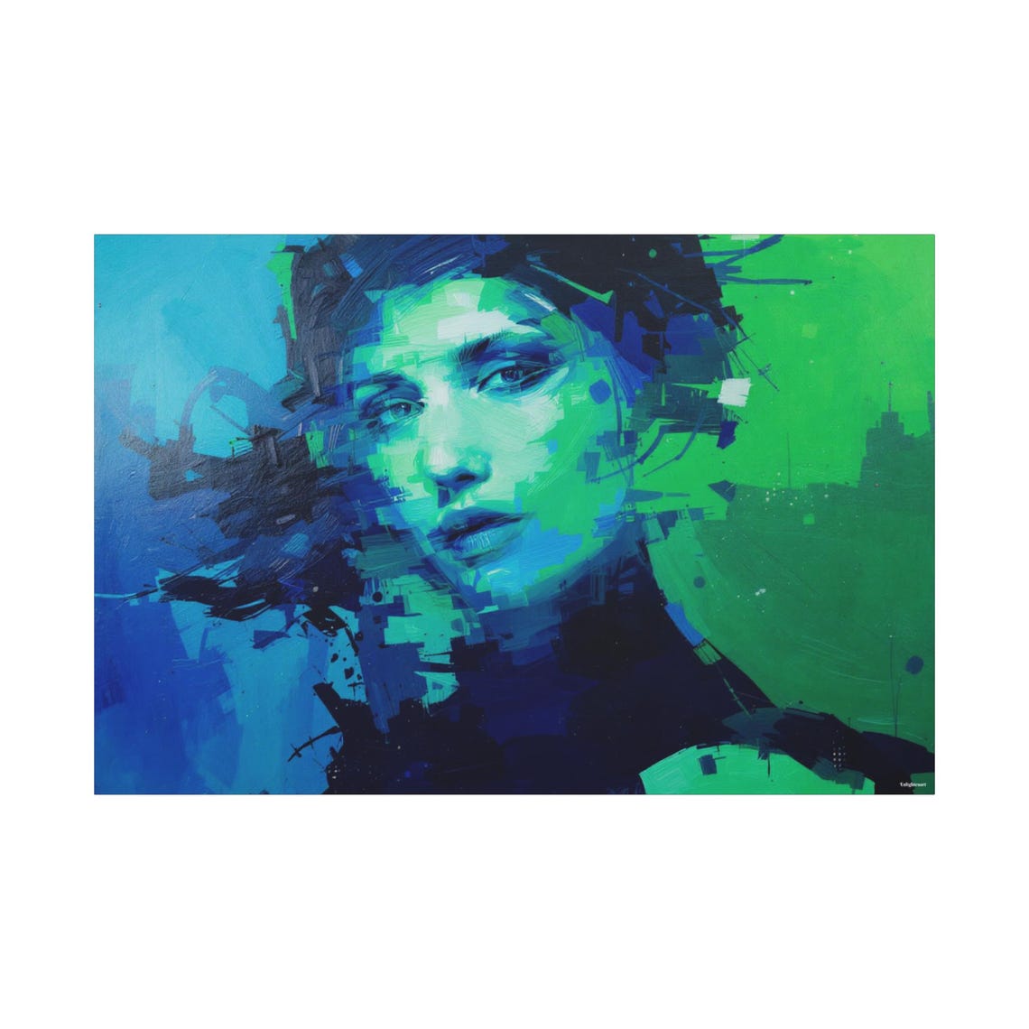 Abstract Blue Green Woman Portrait Glitch Pixelated Modern Art Print - Image 3