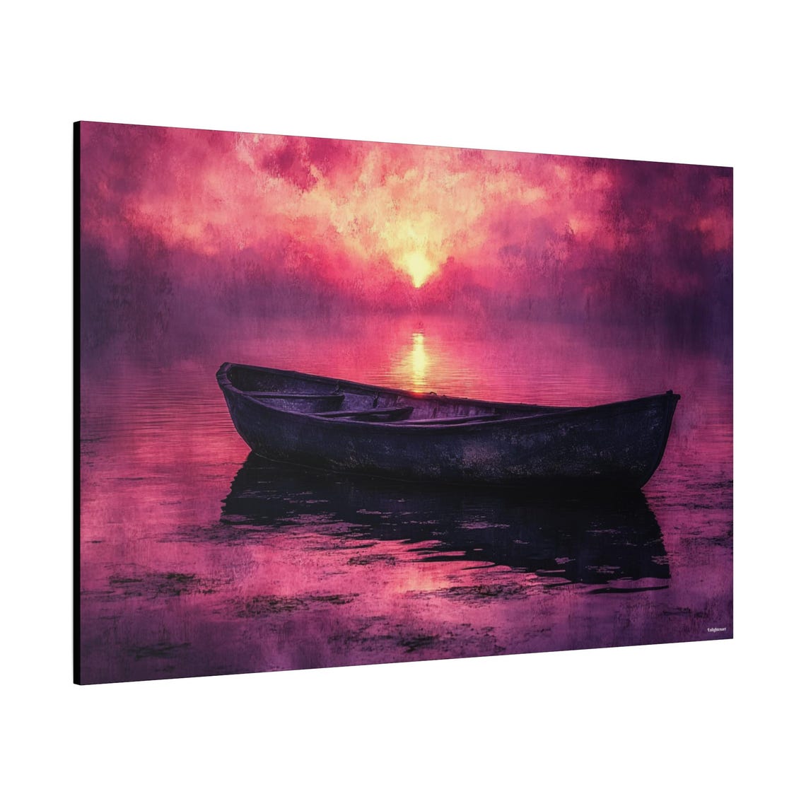 Wooden Rowboat Magenta Dawn Lake Still Water Reflection Art Poster