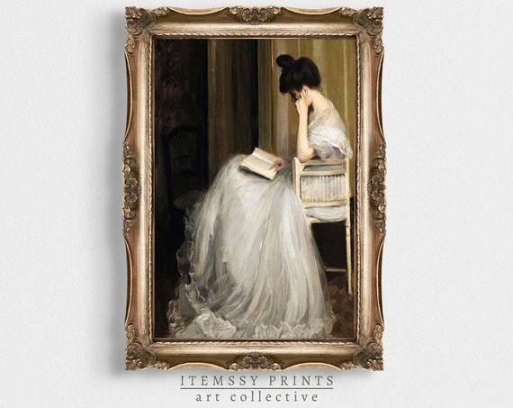 Vintage Portrait Oil Painting Wall Art Bedroom Wall Decor Moody Wall Art Antique Woman Reading Print