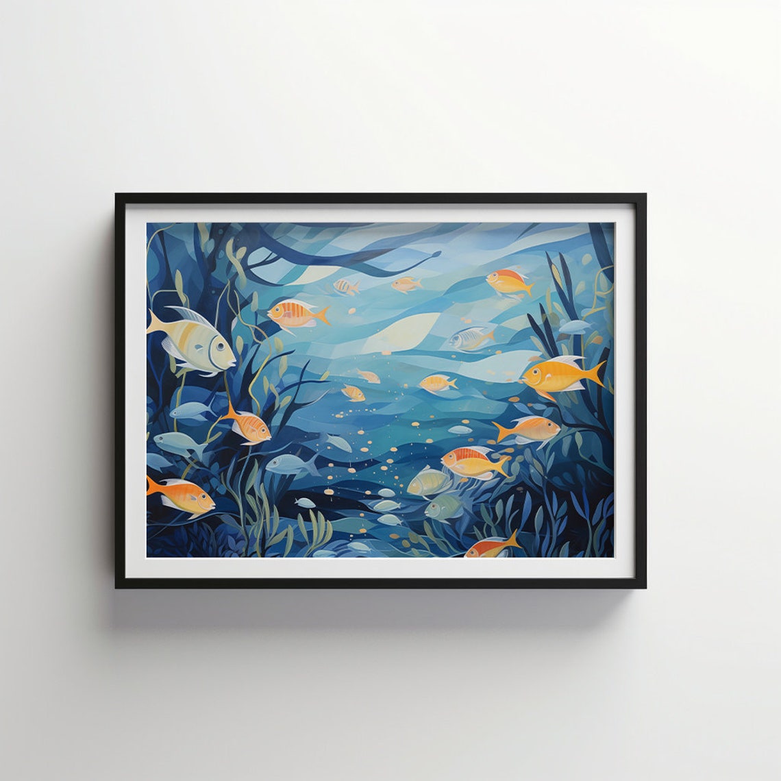 Oceanic Serenity Golden Fish Swimming in Deep Blue Ocean Poster