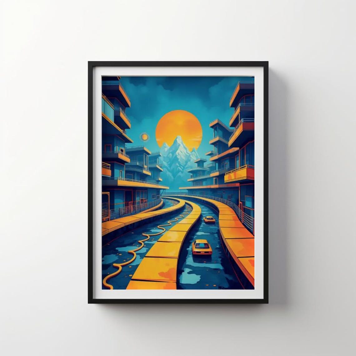 Futuristic Canal City Beneath Mountain Sunset Neon Art Poster