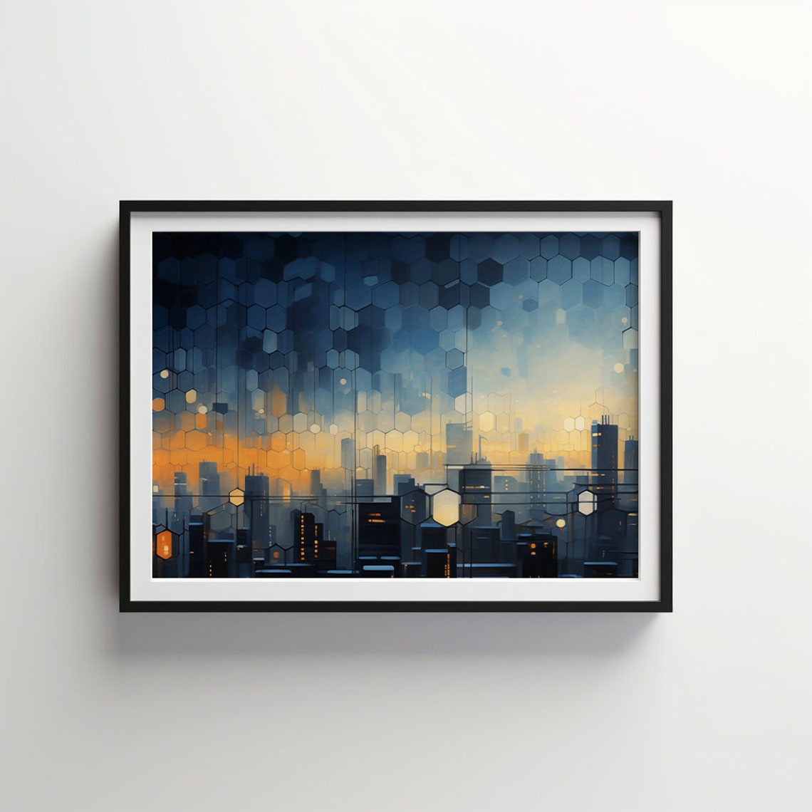 Futuristic City Skyline Behind Hexagon Glass Sunset Art Poster