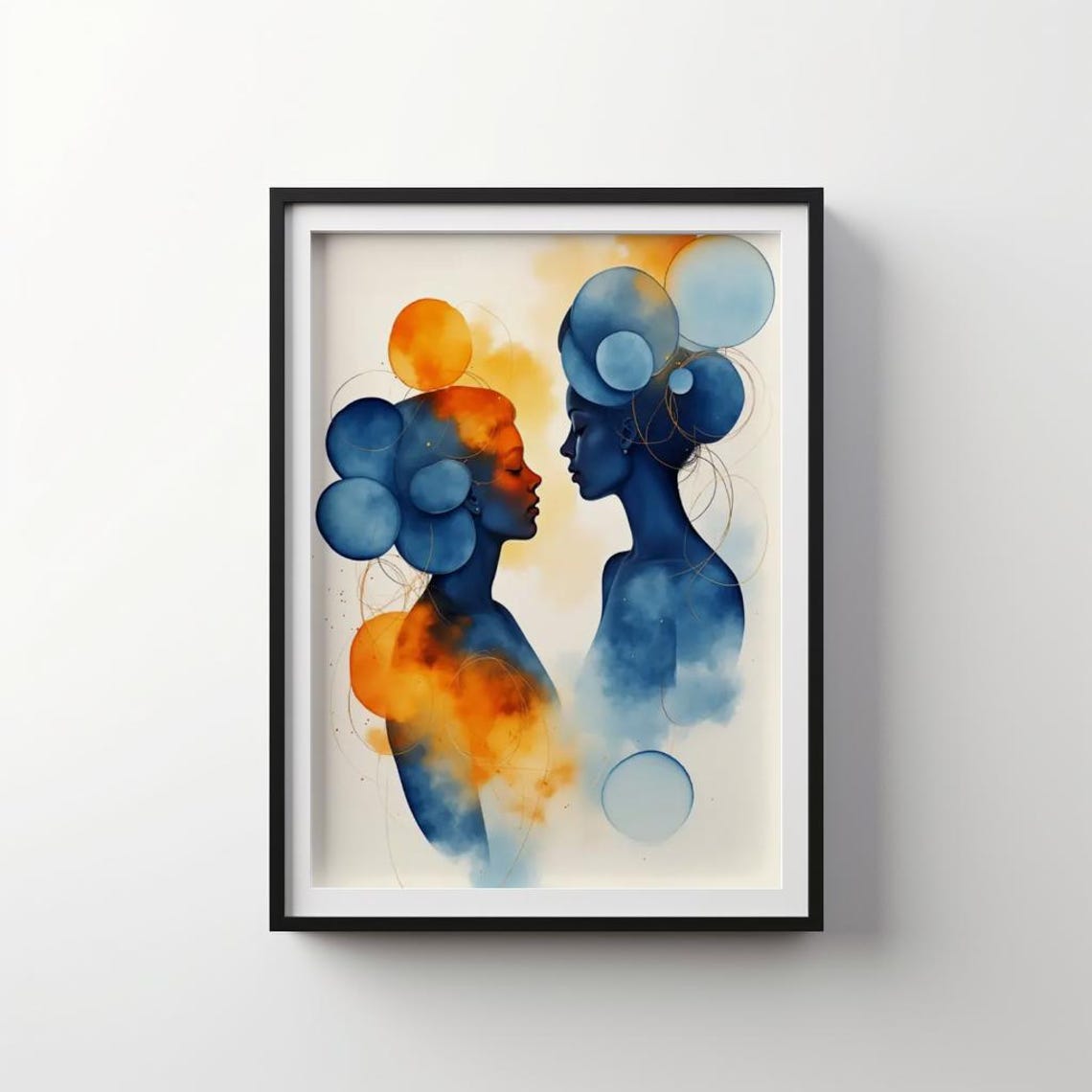 Abstract Blue Orange Watercolor Two Women Profiles Art Poster