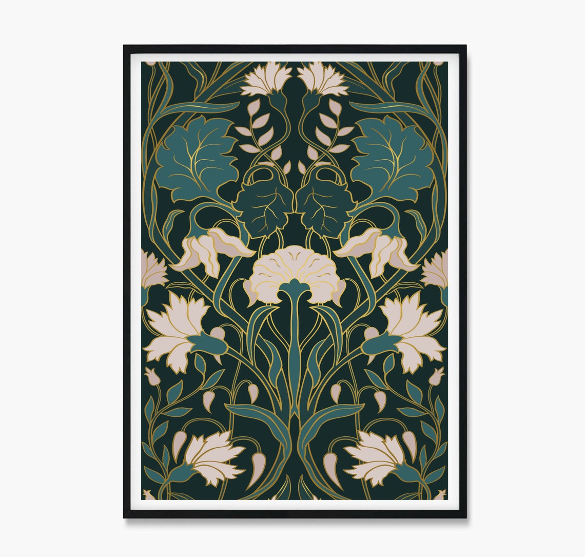 Elegant Art Nouveau Floral Pattern in Teal and Cream Ornate Poster - Image 3