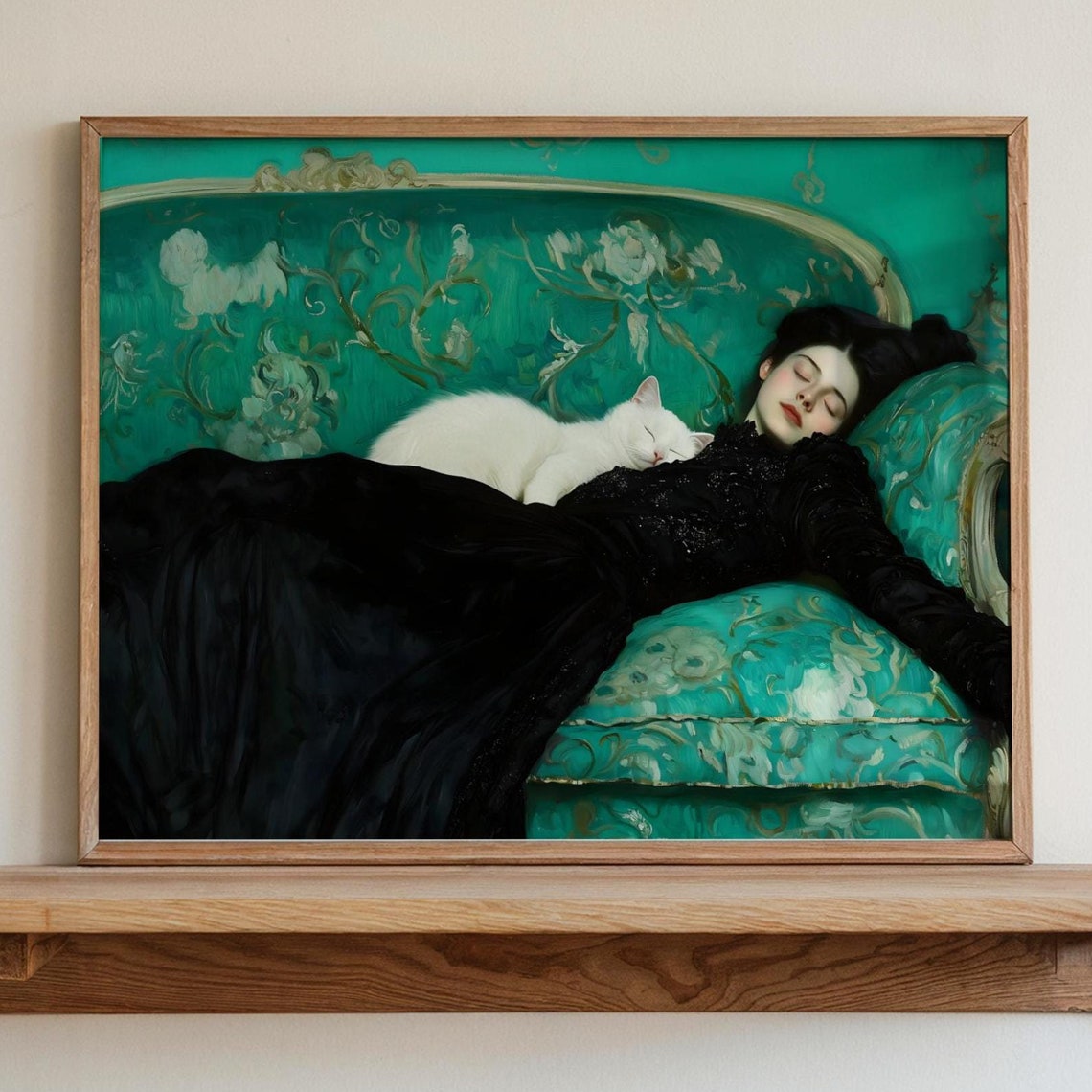 Woman Sleeping On Green Sofa With White Cat Dark Academia Art Print