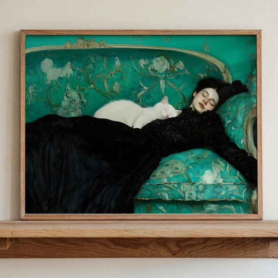 Cat And Woman Sleeping On A Couch Victorian Print Dark Academia Victorian Home Decor Dark Art Wallart Elegant Wall Art Vintage Print