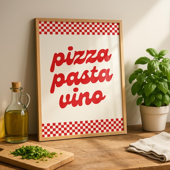 Pizza Pasta Vino Red Script Italian Kitchen Checkered Quote Poster