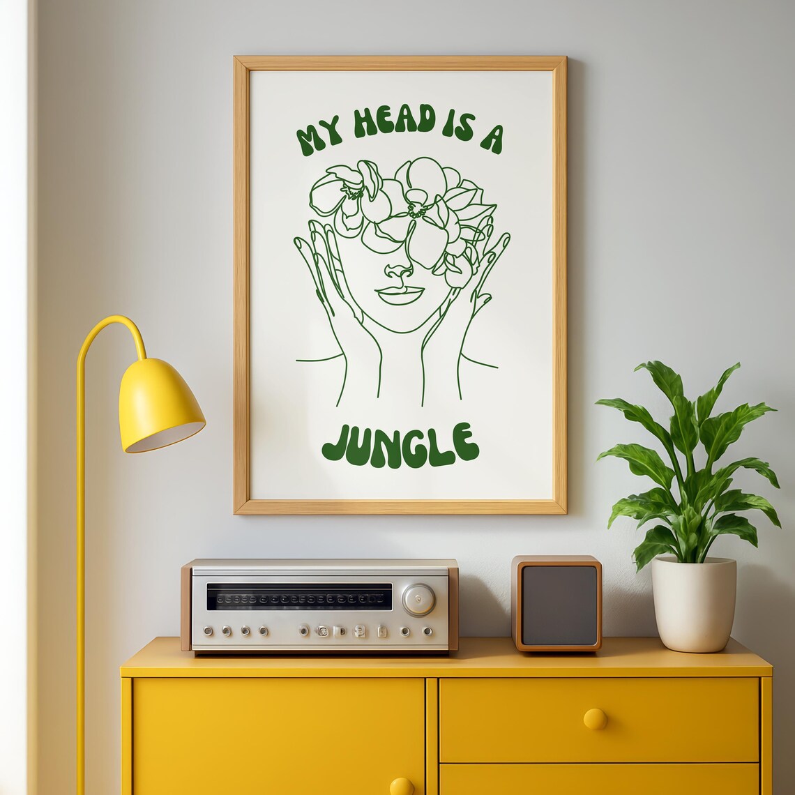 My Head Is A Jungle Line Art Green Woman Flower Boho Abstract Poster