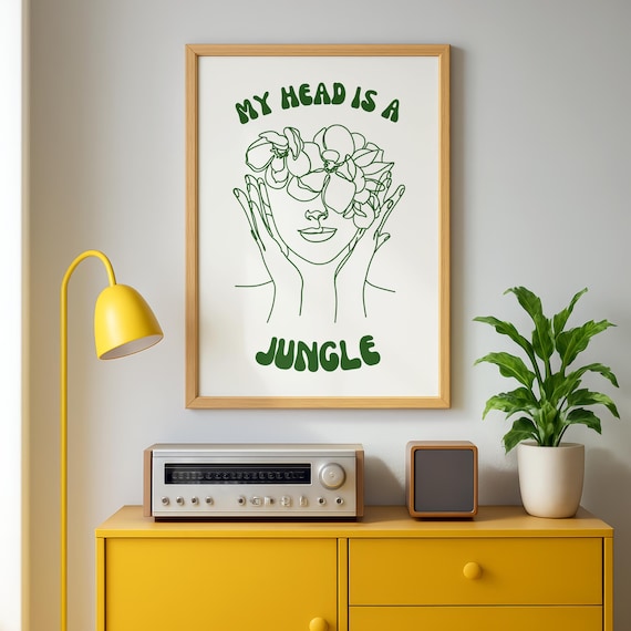 My Head Is A Jungle Line Art Green Woman Flower Boho Abstract Poster