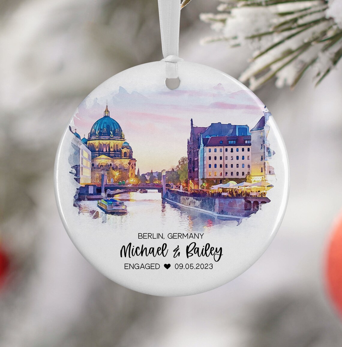 Custom Berlin Germany Ornament, Watercolor Travel Poster