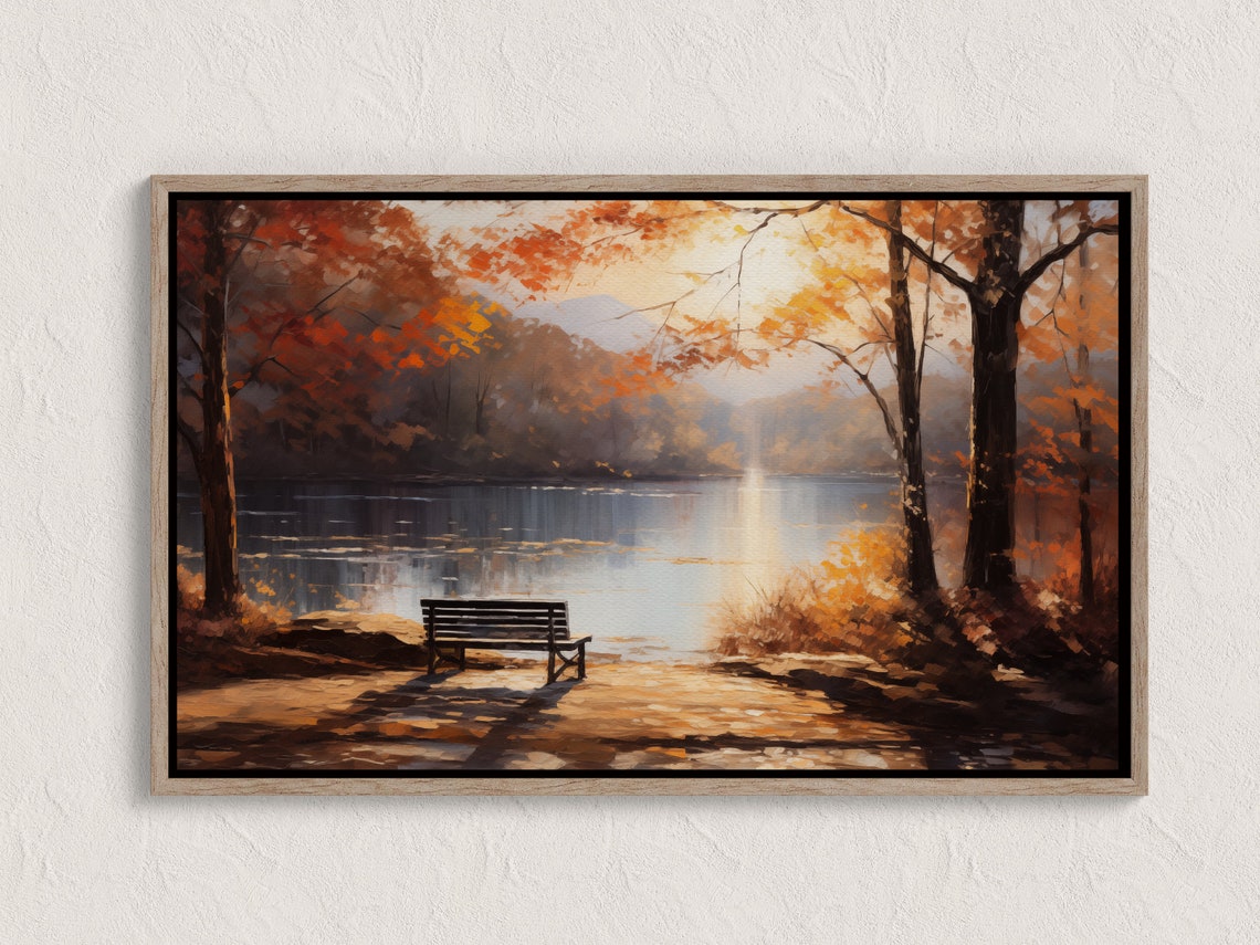 Autumn Lake View Bench Red Foliage Trees Oil Painting Poster