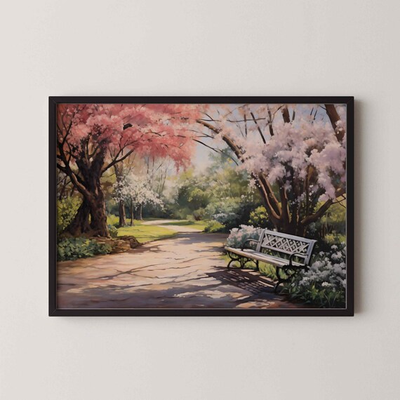 Cherry Blossom Garden Path With Bench Spring Landscape Painting Poster
