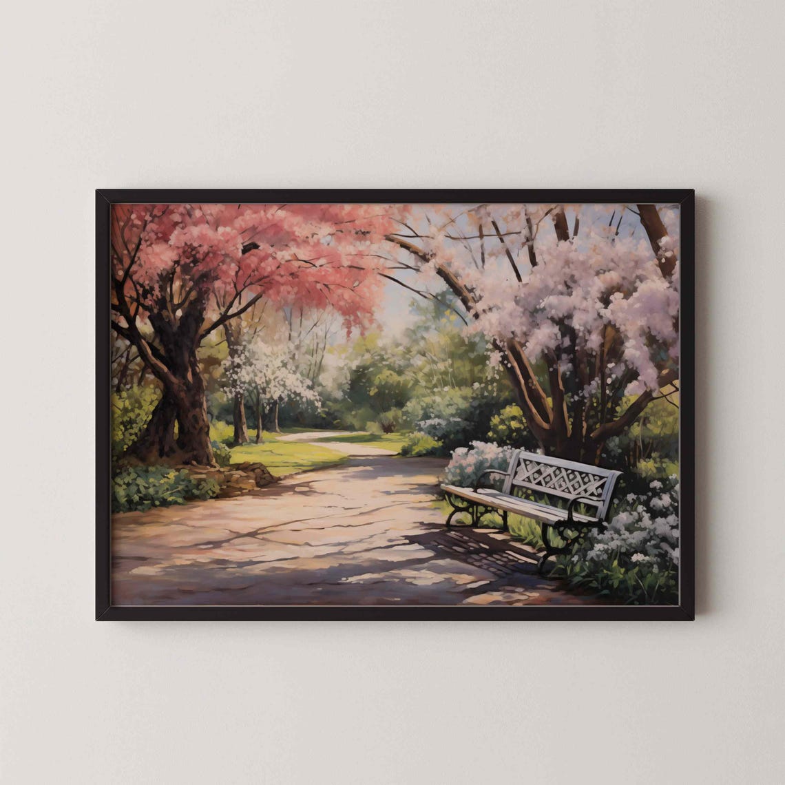 Cherry Blossom Garden Path With Bench Spring Landscape Painting Poster