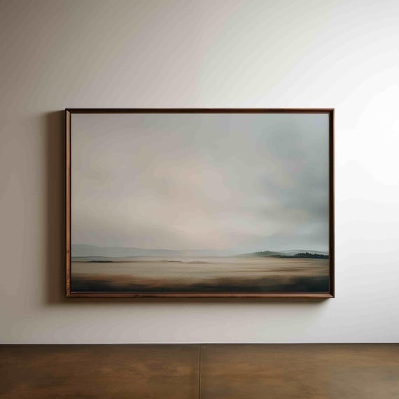 Watercolor Landscape Wall Art Minimalist Artwork Neutral Toned Painting Cloudy Sky Print Expansive Horizon Scenic Large Decor