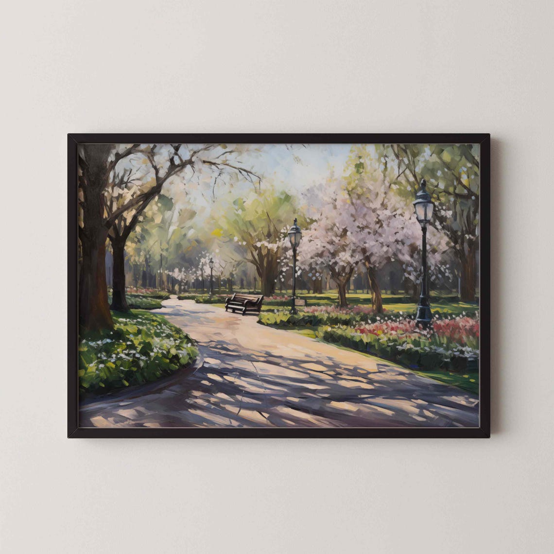 Spring Park Blossom Trees Lampposts Bench Sunlit Path Painting Poster