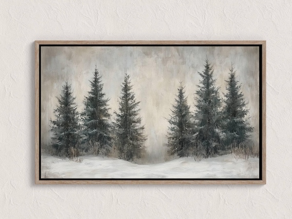 Snowy Evergreen Trees Winter Forest Misty White Landscape Print