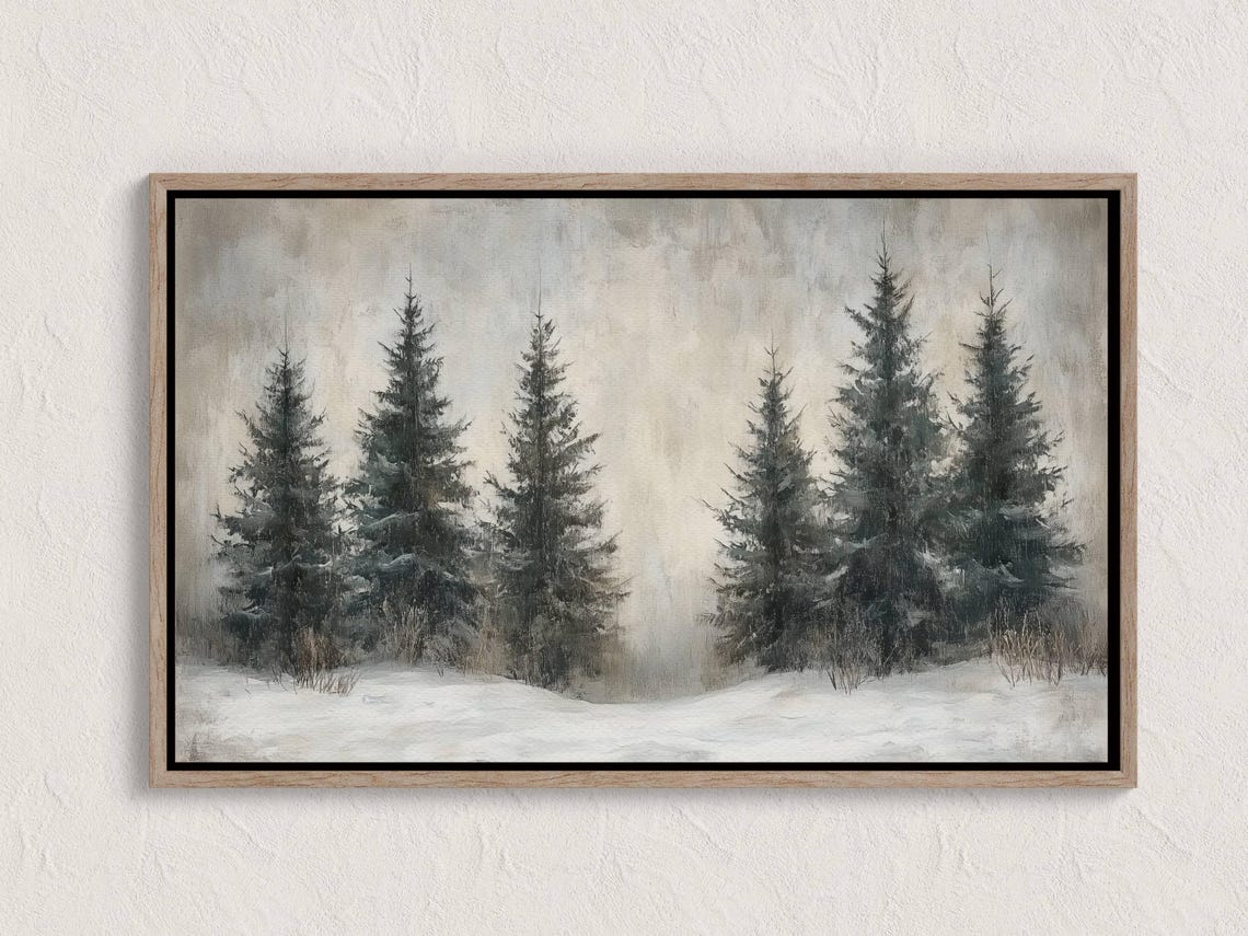 Snowy Evergreen Trees Winter Forest Misty White Landscape Print