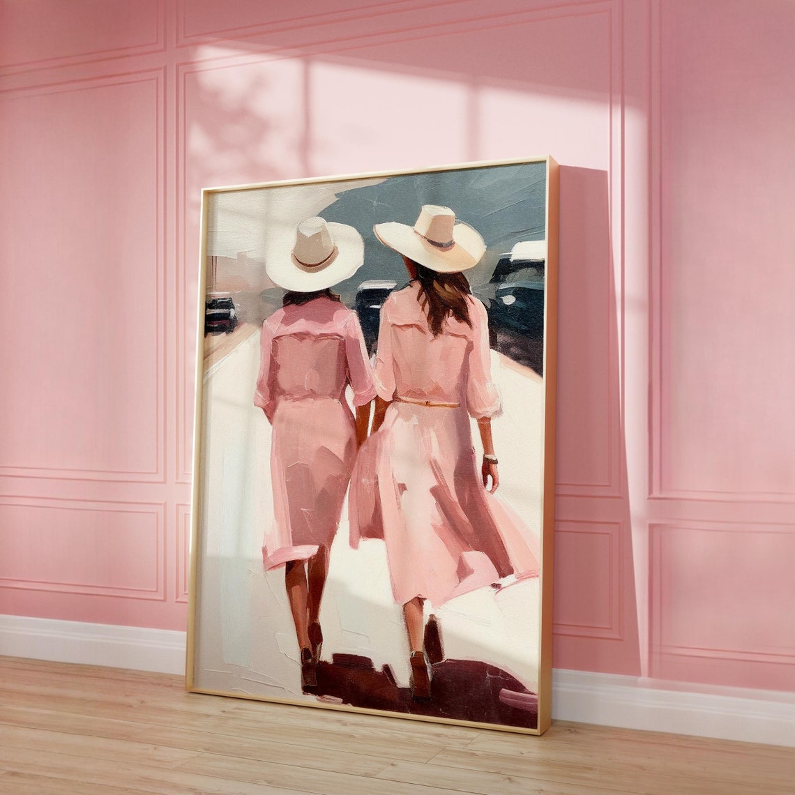 Two Cowgirls Long Pink Dresses Cowboy Hats Desert Road Poster - Image 2