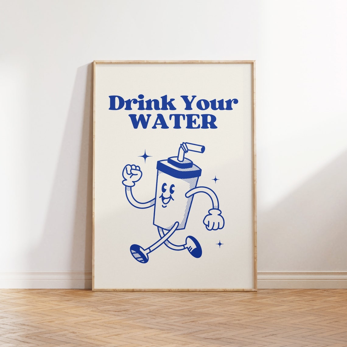 Drink Your Water Retro Blue Water Cup Mascot Hydration Reminder Poster