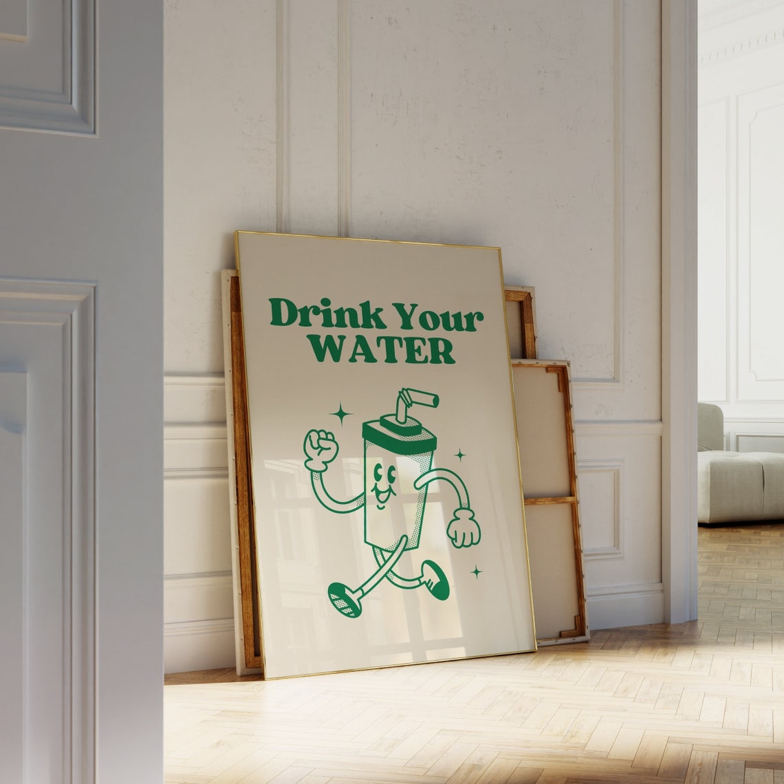 Drink Your Water Retro Green Water Cup Mascot Wellness Kitchen Poster - Image 3