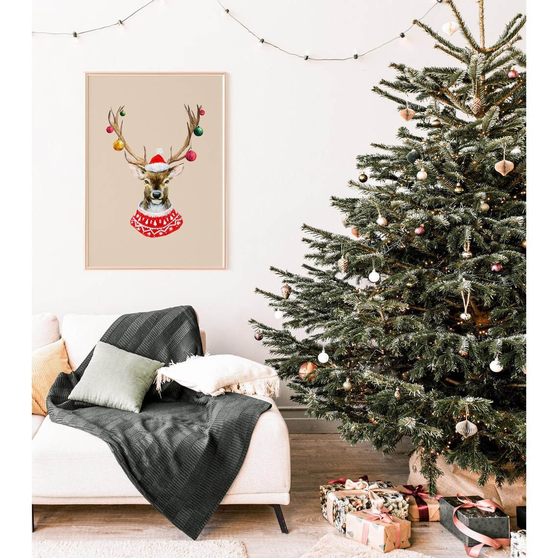 Santa Hat Reindeer In Christmas Sweater Watercolor Holiday Poster - Image 3