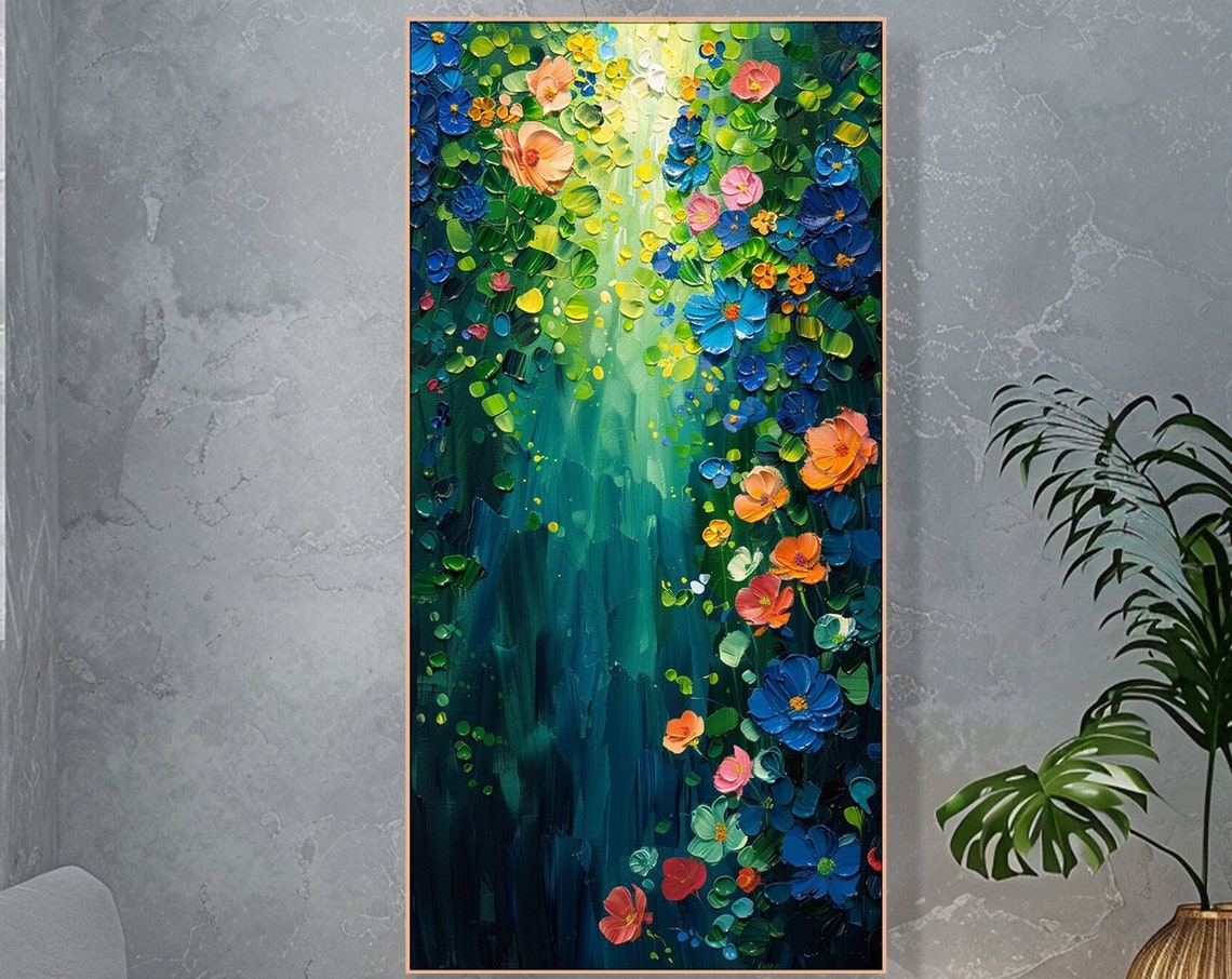 Enchanted Garden Painting Luminous Floral Art Modern Home Decor Vivid Flower Painting Living Room Wall Art Blossom Art Piece