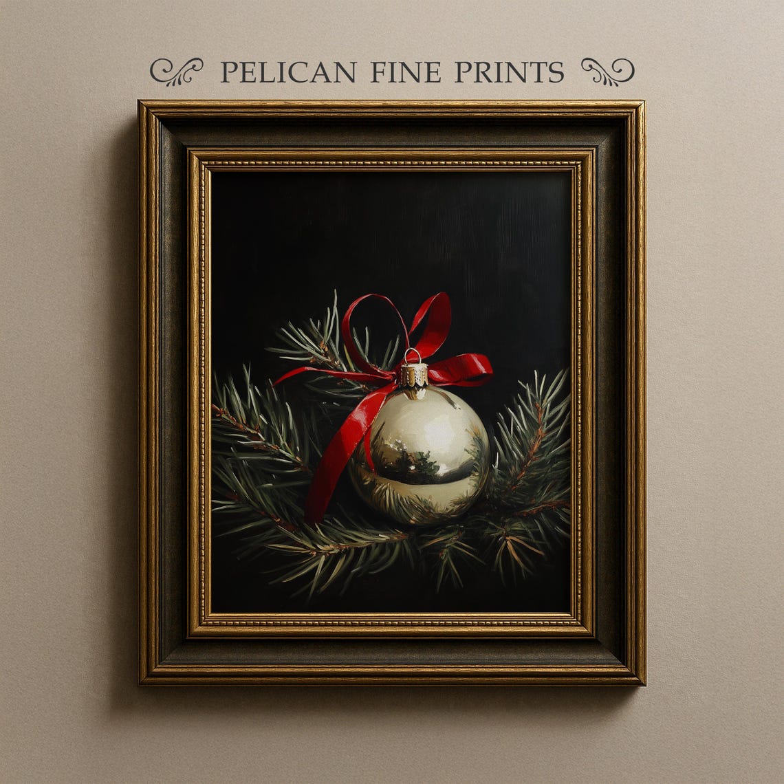 Gold Christmas Bauble Red Ribbon Pine Still Life Painting Poster