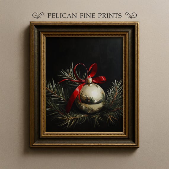 Elegant Christmas Ornament Still Life Gold Bauble With Red Ribbon Classic Holiday Wall Art V58
