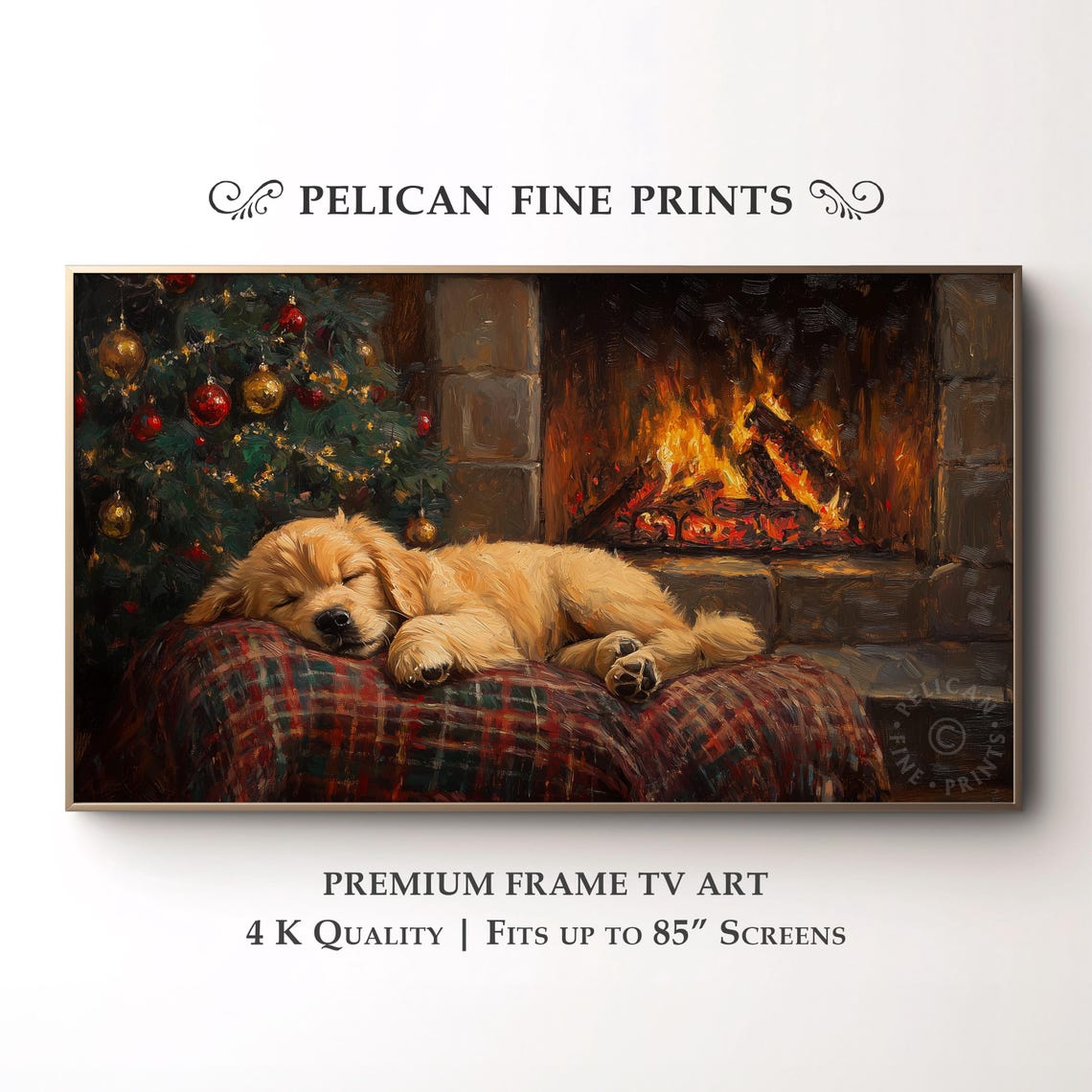 Sleeping Golden Retriever Puppy Cozy Christmas Fireplace Wall Art
