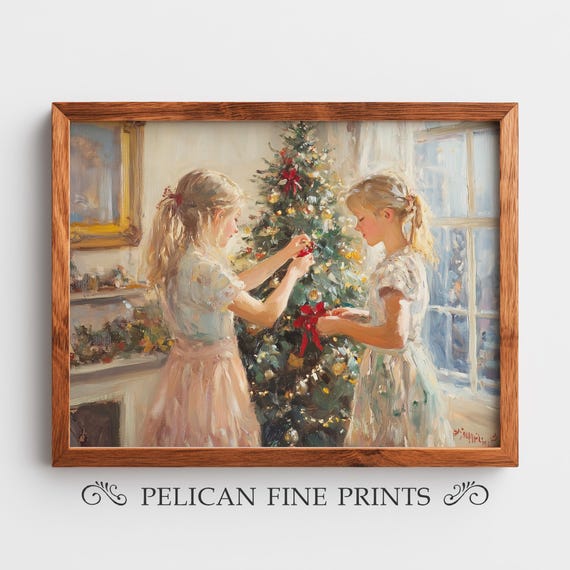 Sisters Decorating Christmas Tree Vintage Holiday Nostalgia Wall Art H126