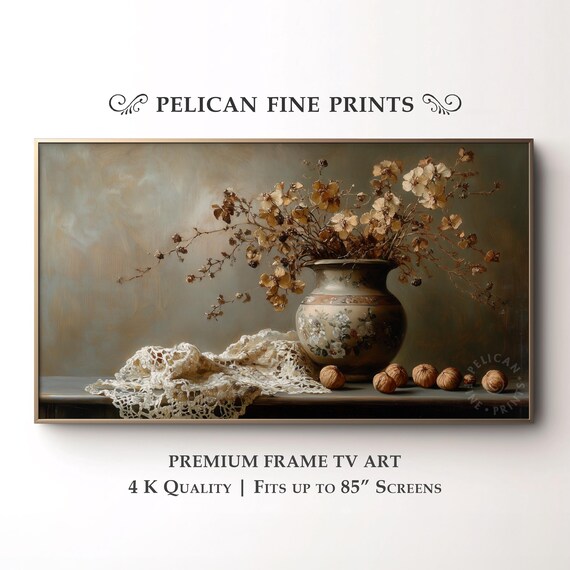Dried Flowers Vase Still Life Oil Painting Rustic Farmhouse Poster