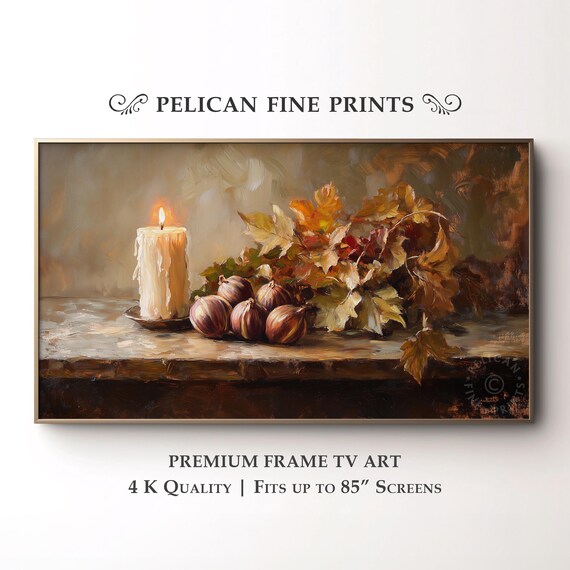 Rustic Autumn Still Life Tv Art Chestnut Arrangement With Candle Vintage Cozy Decor Wall Tv38