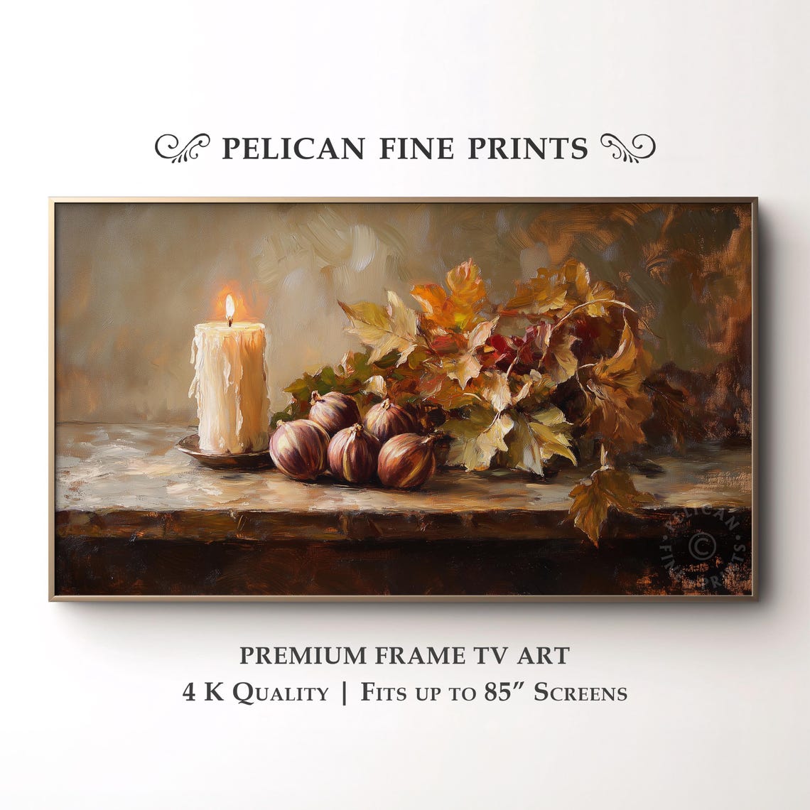 Rustic Autumn Still Life Lit Candle Figs Fall Leaves Painting Poster